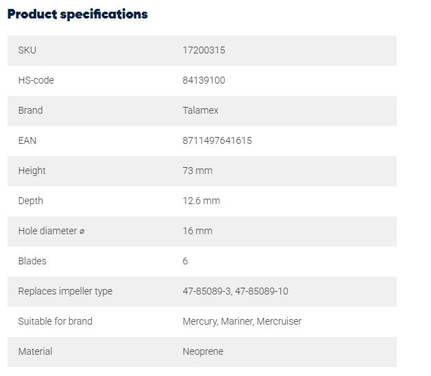 Talamex, neopreeninen impelleri perämoottoriin, 73 mm x 12.6 mm