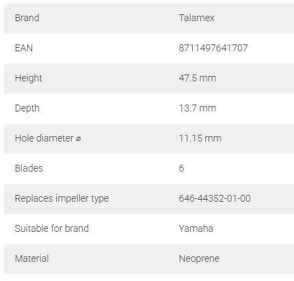 Talamex, neopreeninen impelleri perämoottoriin, 47.5 mm x 13.7 mm