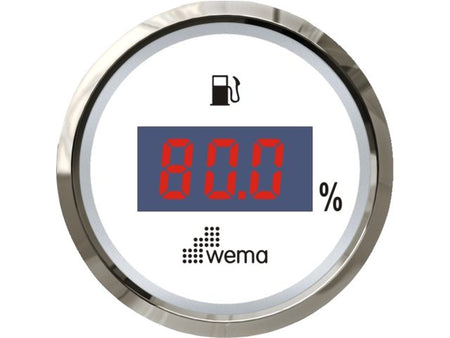 NauticPro.dk | Wema, Digital brændstofmåler 0-190 ohm, Silverline, Ø 58mm, Ø 52mm, IP67, Rustfrit stål og glaslinse, LED baggrundsbelysning