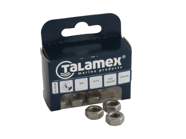 Talamex, sexkantmutter, rostfritt stål AISI 316, M8, (DIN 934), 6 st