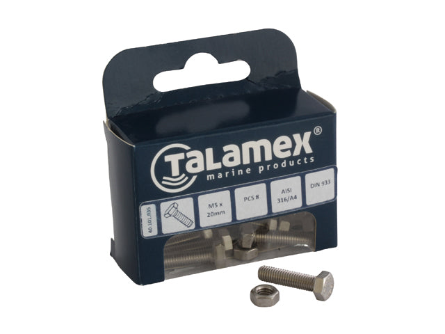 Talamex, kuusiokantapultti ruostumaton teräs AISI 316, M8 x 70 mm, (DIN 933), 6 kpl