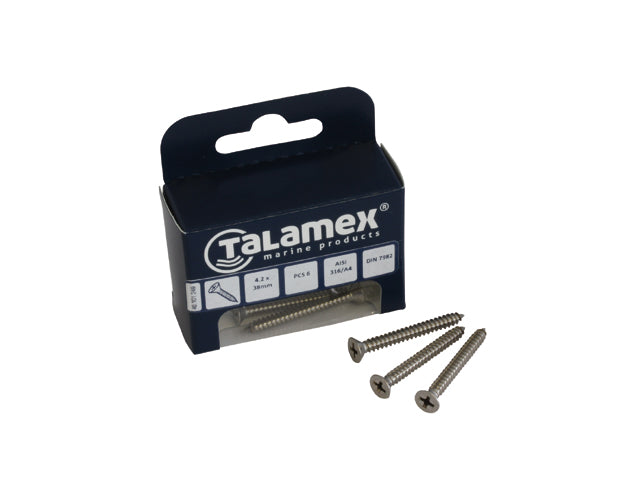 Talamex, levyruuvi ruostumatonta terästä AISI 316, 4.2 mm x 38 mm, (DIN 7982), 6 kpl