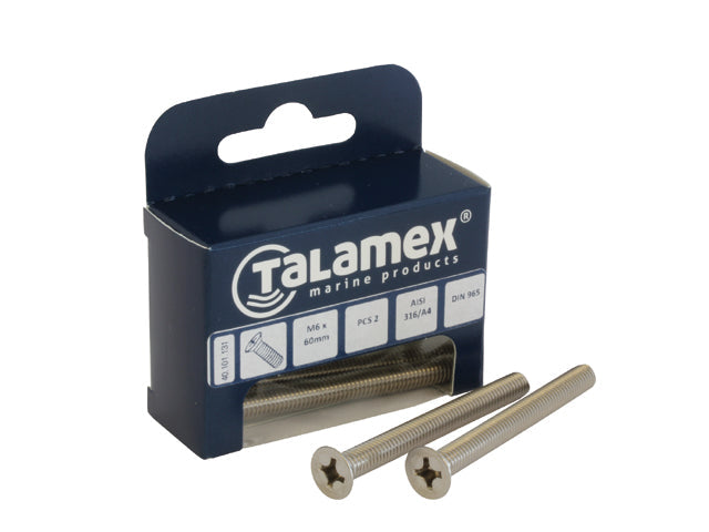 Talamex, fladhovedskrue rustfrit stål AISI 316, M4 x 60 mm, 6 stk