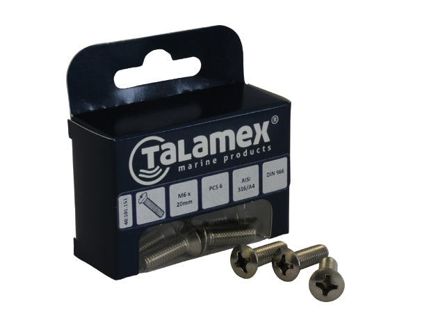 Talamex, hævet hoved skrue, rustfrit stål AISI 316, M6 x 70 mm, (40101156), 6 stk