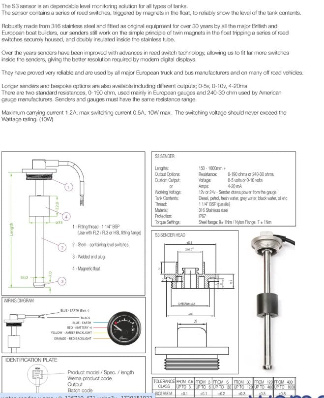 Wema, sensor i rustfrit stål AISI 316, 600 mm (326012)
